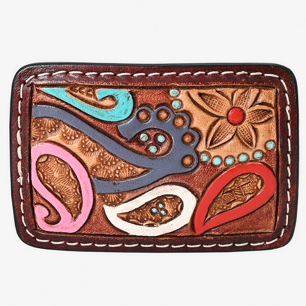 ADBLF105-BU Hand-Painted Paisley Floral Tooled Leather Belt Buckle Multicolor Western Style