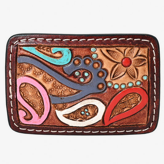 ADBLF105-BU Hand-Painted Paisley Floral Tooled Leather Belt Buckle Multicolor Western Style