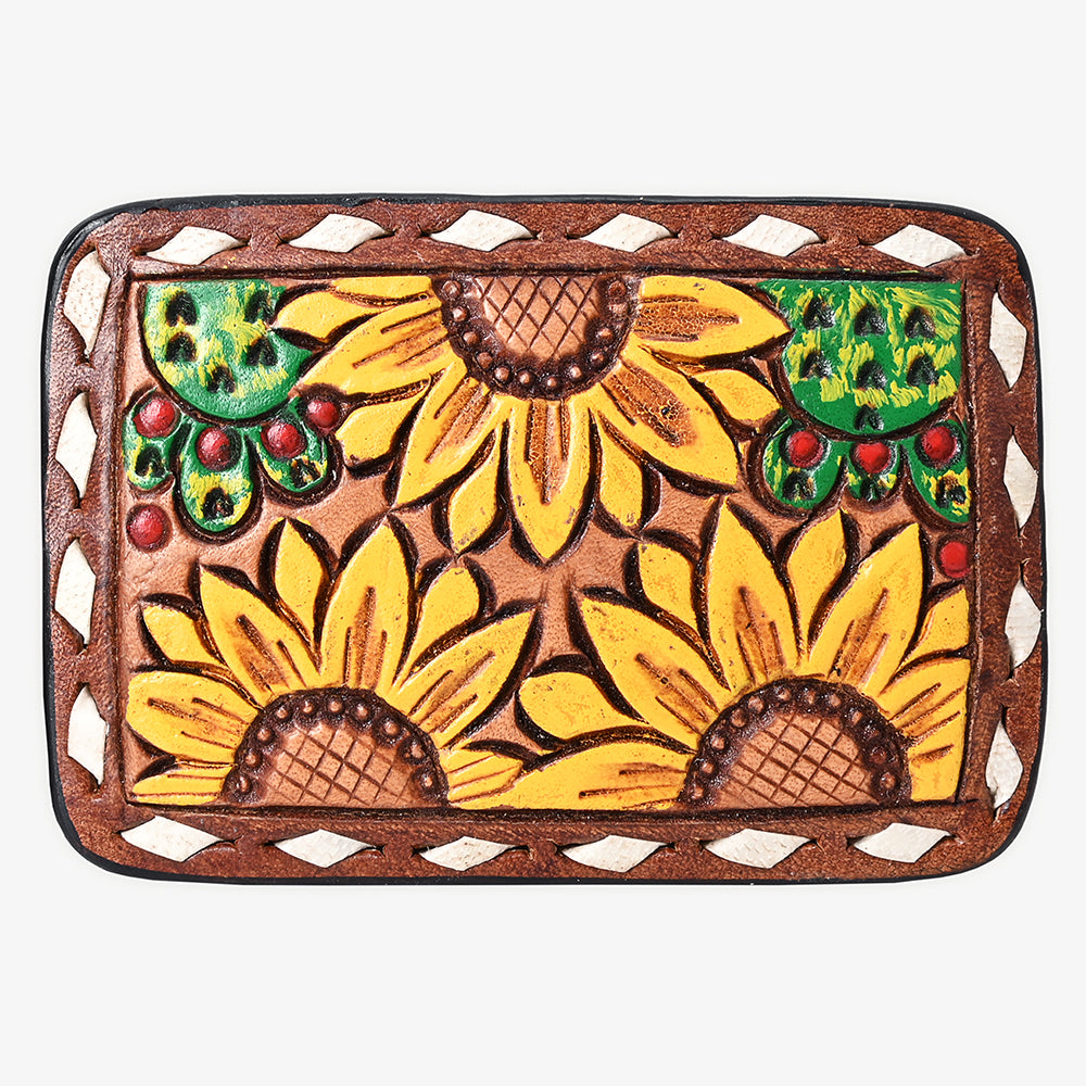 ADBLF106-BU Hand-Painted Sunflower & Cactus Tooled Leather Belt Buckle Vibrant Western Style