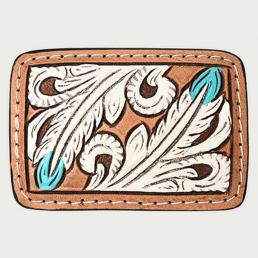 ADBLF107-BU Hand-Painted Feather Tooled Leather Belt Buckle White & Turquoise on Tan