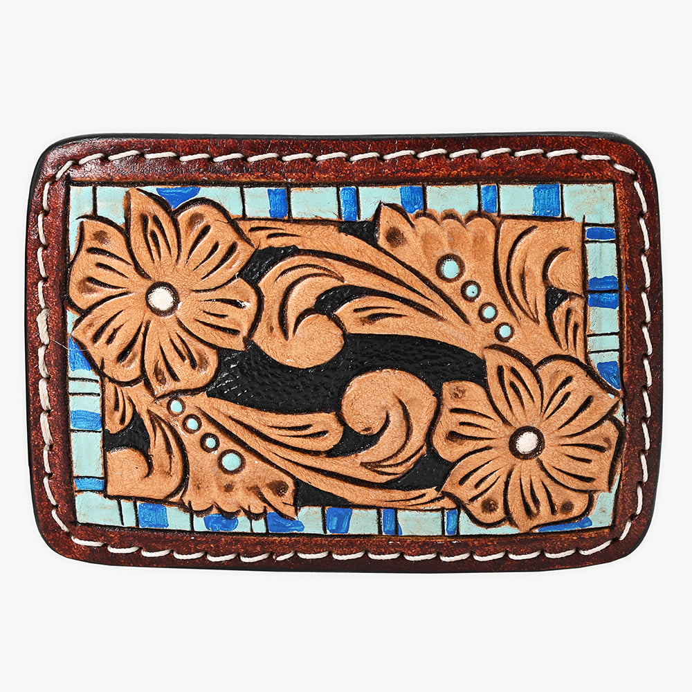 ADBLF108-BU Hand-Tooled Floral Leather Belt Buckle with Blue Mosaic Border