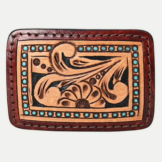 ADBLF110-BU Hand-Tooled Leather Belt Buckle - Western Floral with Turquoise Accents