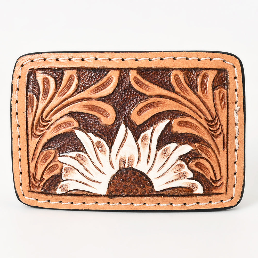 ADBLF114-BU Hand-Tooled Leather Belt Buckle - Sunflower and Floral Carving