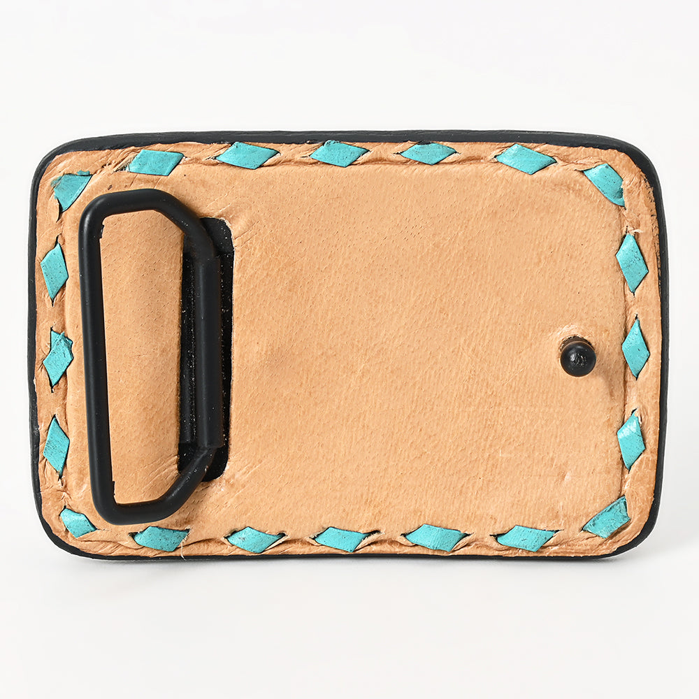 ADBLF115-BU Hand-Tooled Leather Belt Buckle - Paisley & Sunflower with Turquoise Accents