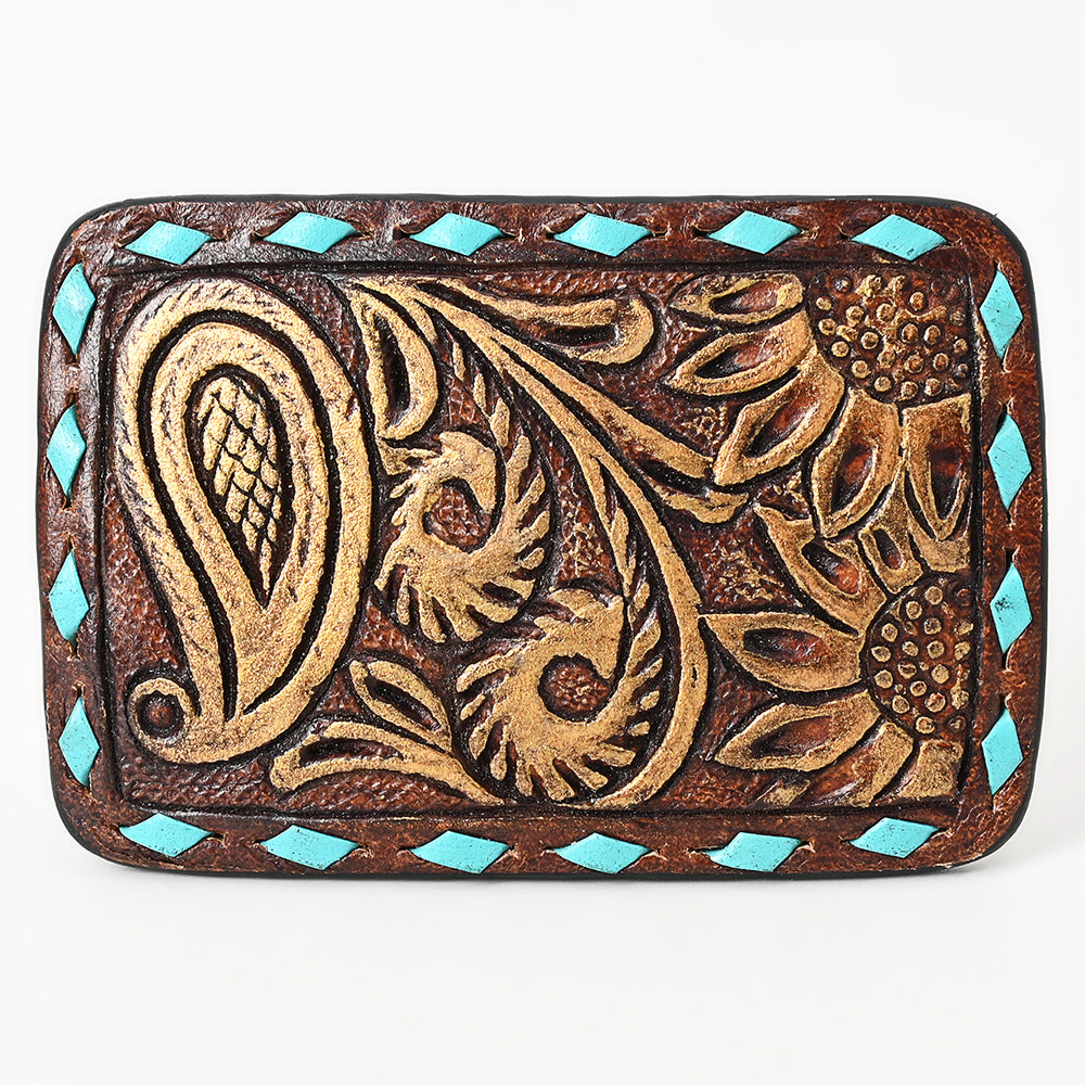 ADBLF115-BU Hand-Tooled Leather Belt Buckle - Paisley & Sunflower with Turquoise Accents