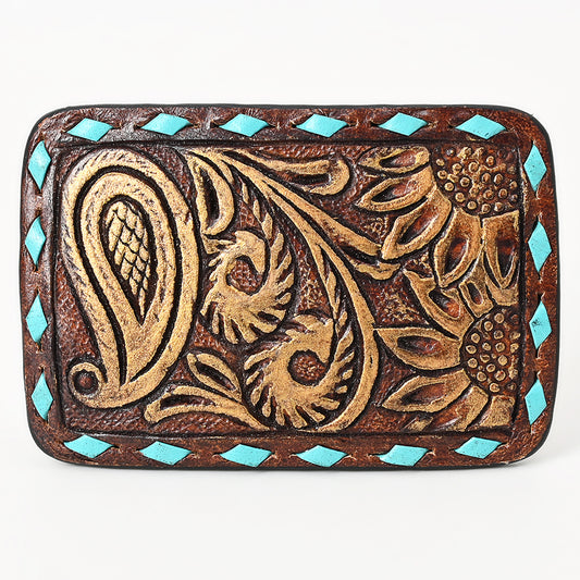 ADBLF115-BU Hand-Tooled Leather Belt Buckle - Paisley & Sunflower with Turquoise Accents