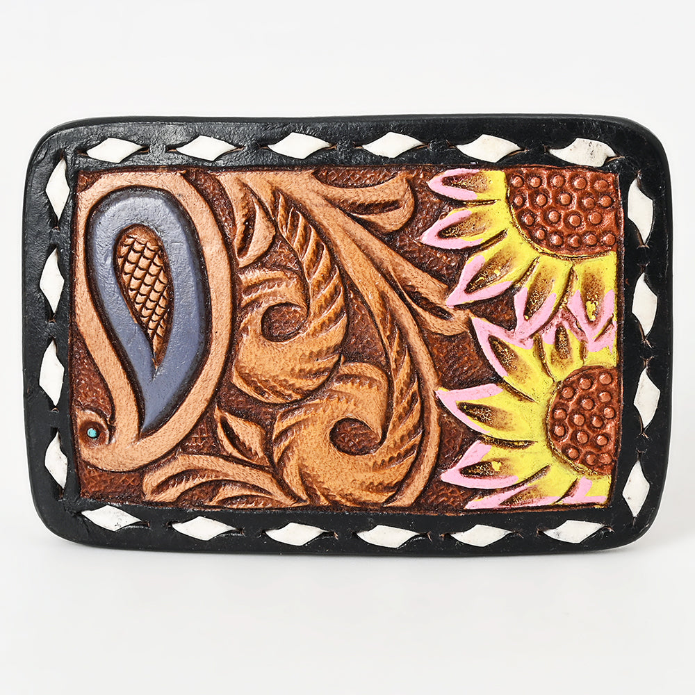 ADBLF116-BU Tooled Leather Belt Keeper - Paisley & Sunflower Design with Pink & Yellow Accents