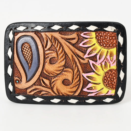 ADBLF116-BU Tooled Leather Belt Keeper - Paisley & Sunflower Design with Pink & Yellow Accents
