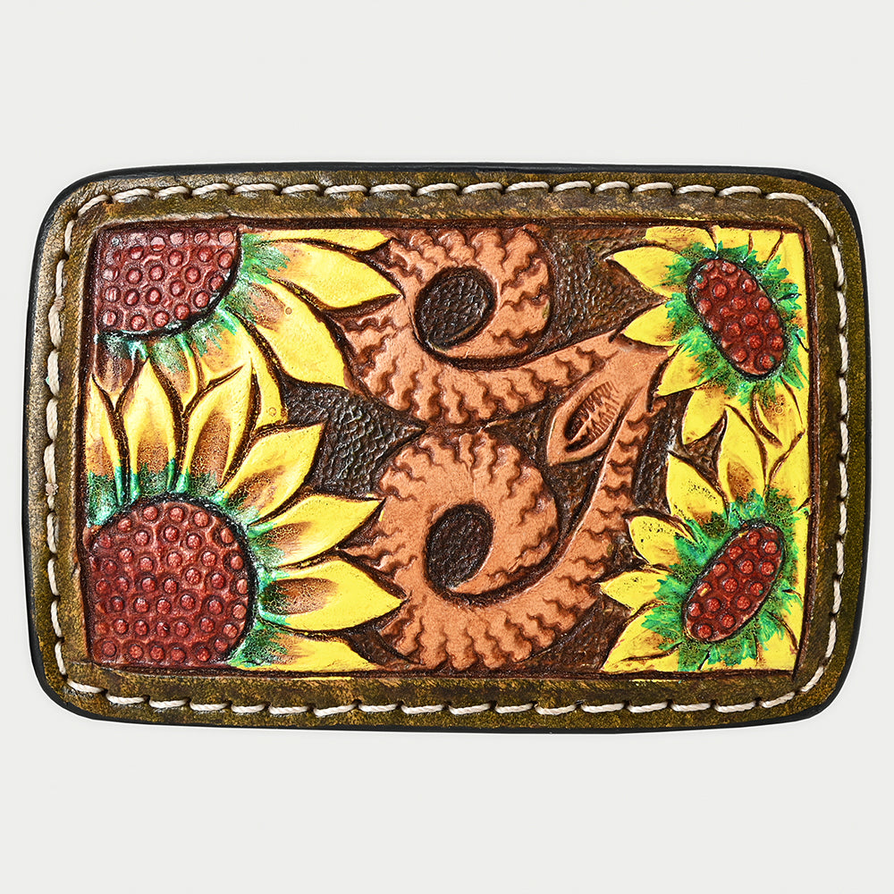 ADBLF122-BU Tooled Leather Belt - Bright Yellow Sunflowers & Scrollwork Design