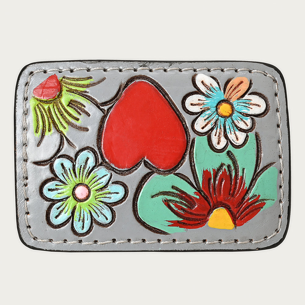ADBLF127-BU Tooled Leather Belt Buckle - Heart & Flowers on Gray Leather