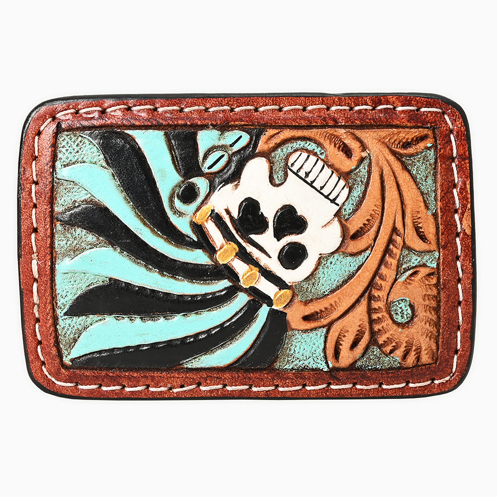 ADBLF128-BU Hand-Tooled Leather Belt Buckle - Skull Design with Turquoise & Brown Accents