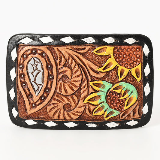 ADBLF130-BU Hand Tooled Leather Belt Buckle - Sunflower & Paisley Western Design