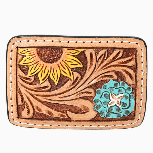 ADBLF131-BU Hand Tooled Leather Belt Buckle - Sunflower & Turquoise Floral Western Design