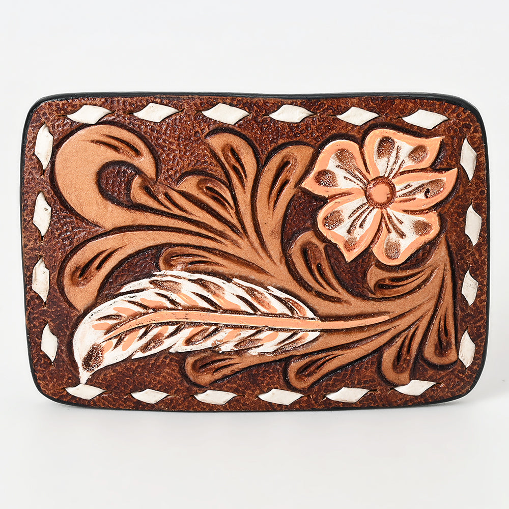 ADBLF136-BU Hand Tooled Leather Belt Buckle - Western Floral & Feather Design with White Diamond Border