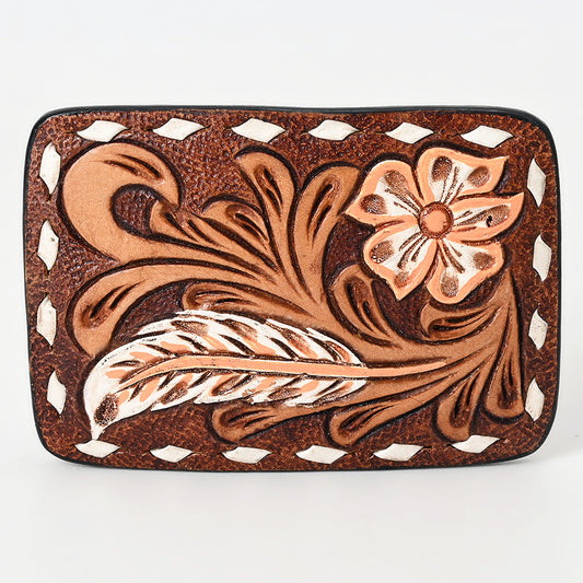 ADBLF136-BU Hand Tooled Leather Belt Buckle - Western Floral & Feather Design with White Diamond Border