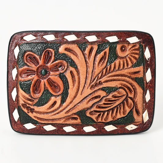 ADBLF137-BU Hand Tooled Leather Belt Buckle - Western Floral Scroll Design with Green Background and White Diamond Border