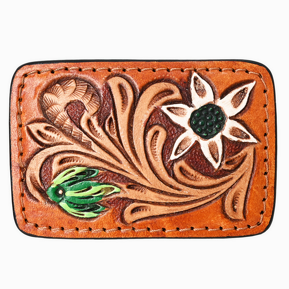 ADBLF138-BU Hand Tooled Leather Belt Buckle - White Flower & Scroll Design with Green Accents