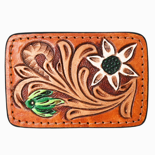 ADBLF138-BU Hand Tooled Leather Belt Buckle - White Flower & Scroll Design with Green Accents