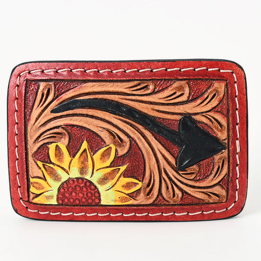 ADBLF140-BU Hand Tooled Leather Belt Buckle - Black Arrow & Sunflower with Red Border and Western Scroll