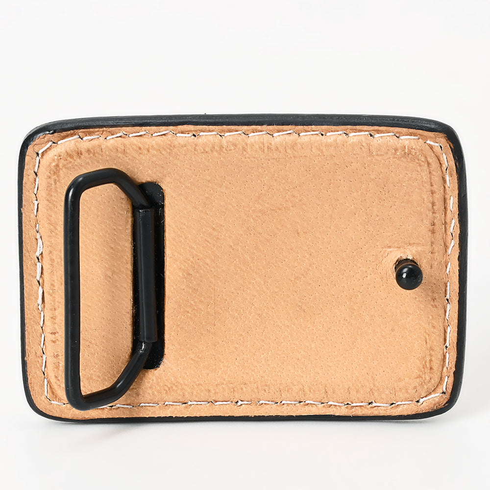 ADBLF141-BU Hand Tooled Leather Belt Buckle - Red-Tipped Sunflowers & Cactus Design with Western Scroll