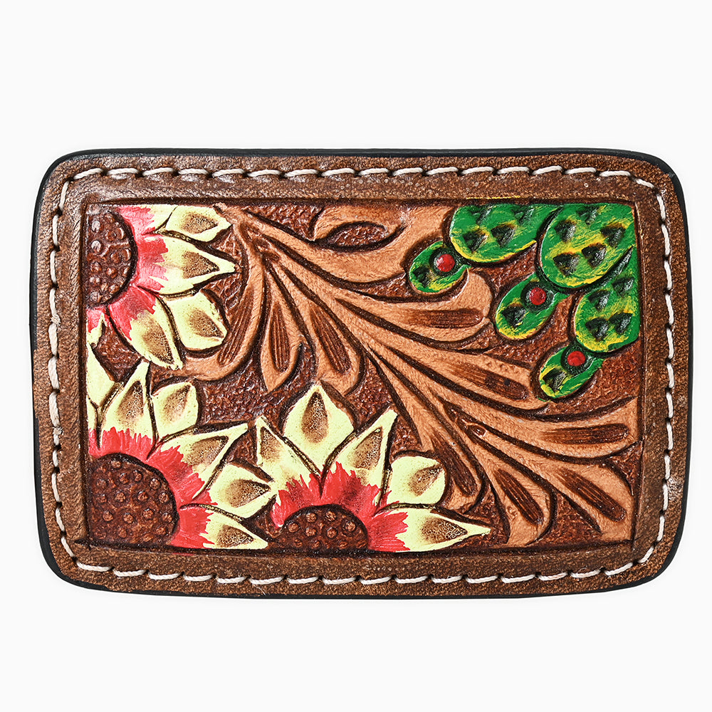 ADBLF141-BU Hand Tooled Leather Belt Buckle - Red-Tipped Sunflowers & Cactus Design with Western Scroll