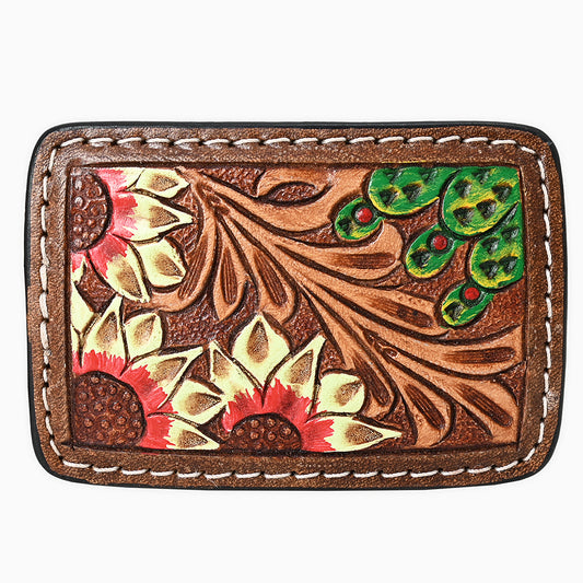 ADBLF141-BU Hand Tooled Leather Belt Buckle - Red-Tipped Sunflowers & Cactus Design with Western Scroll