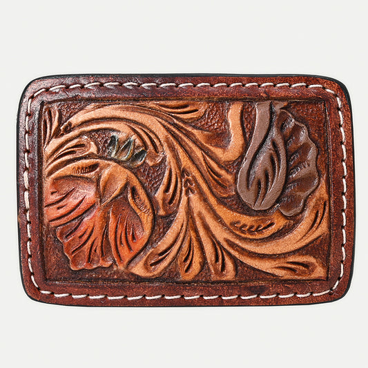 ADBLF148-BU Tooled Leather Belt Buckle - Rustic Floral Carving in Saddle Brown