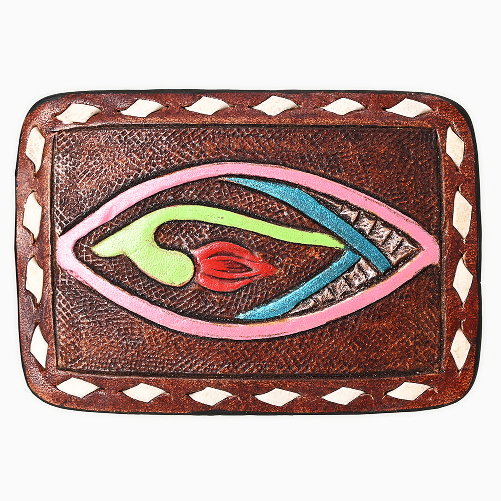 ADBLF150-BU Tooled Leather Cardholder - Abstract Floral Motif in Neon Colors
