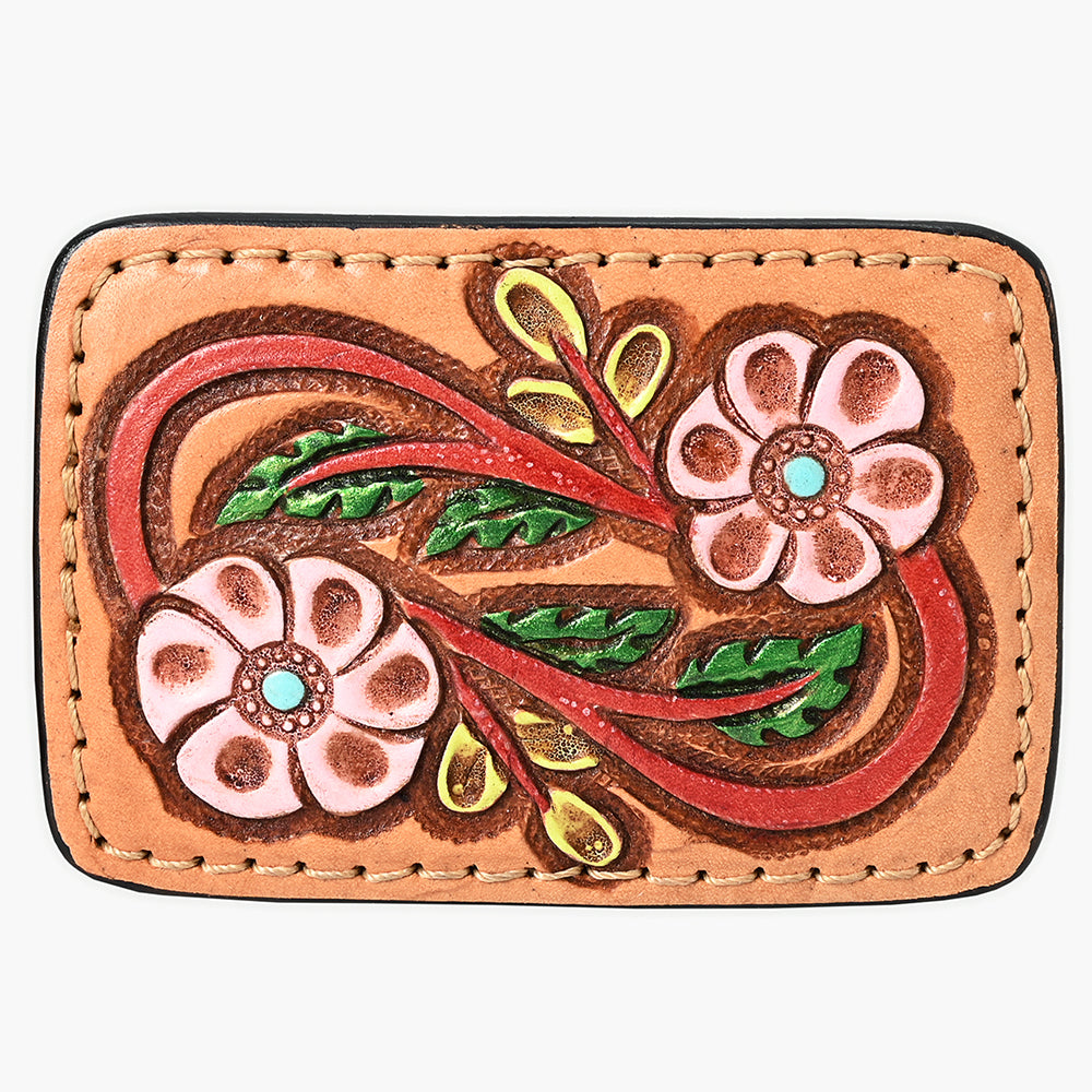 ADBLF158-BU Tooled Leather Card Holder - Pink Floral & Vine Design