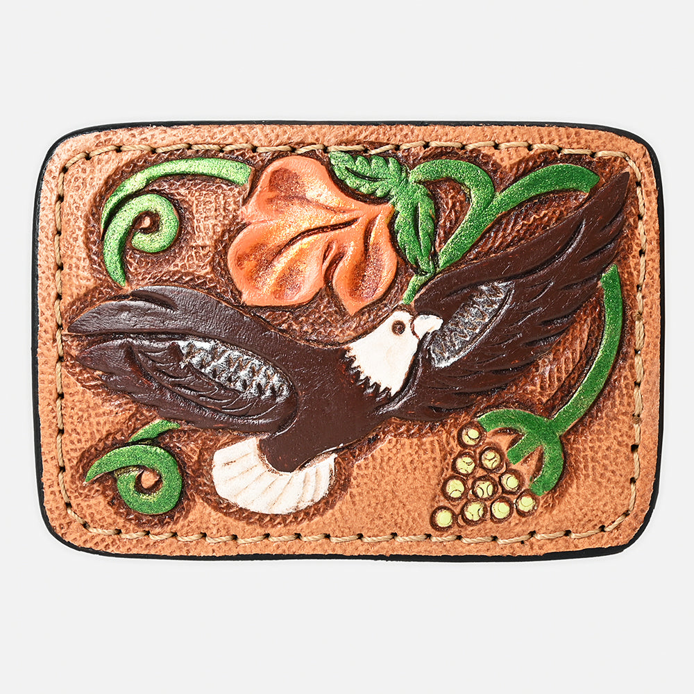 ADBLF160-BU Hand Tooled Leather Card Holder - Bald Eagle & Floral Design