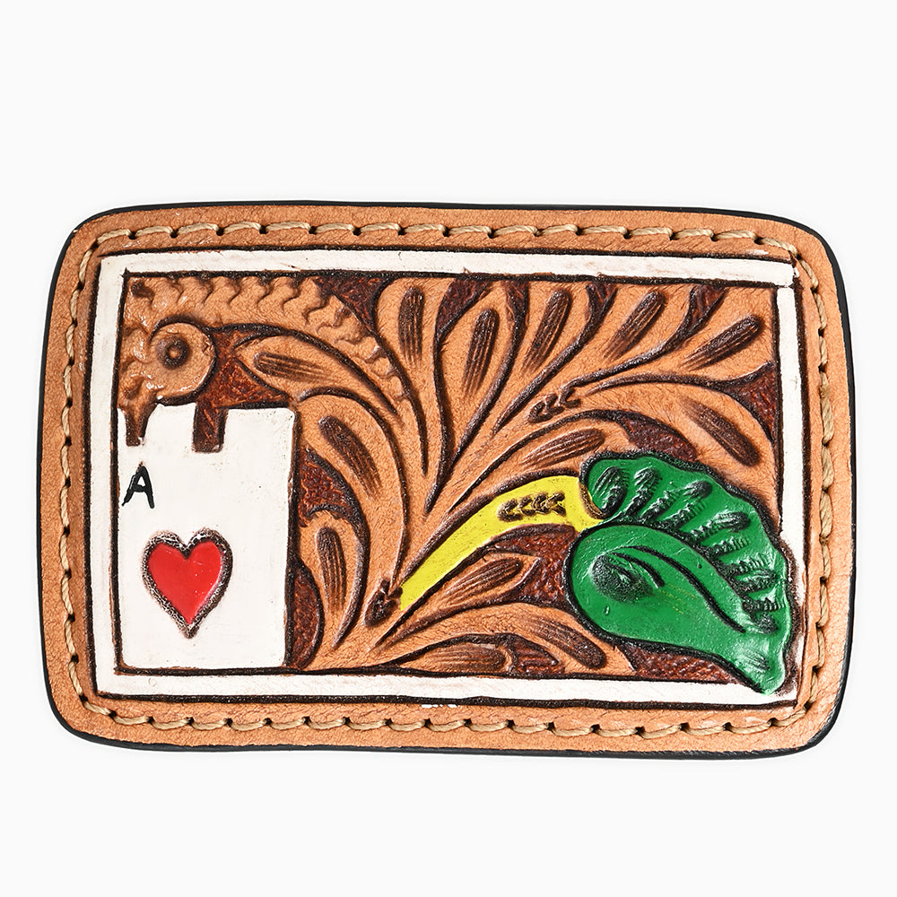 ADBLF162-BU Tooled Leather Buckle/Wallet - Ace of Hearts & Leaf Western Motif