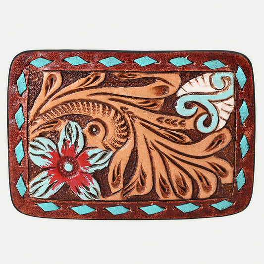 ADBLF170-BU Handtooled Leather Buckle - Western Floral with Turquoise & Red Accents
