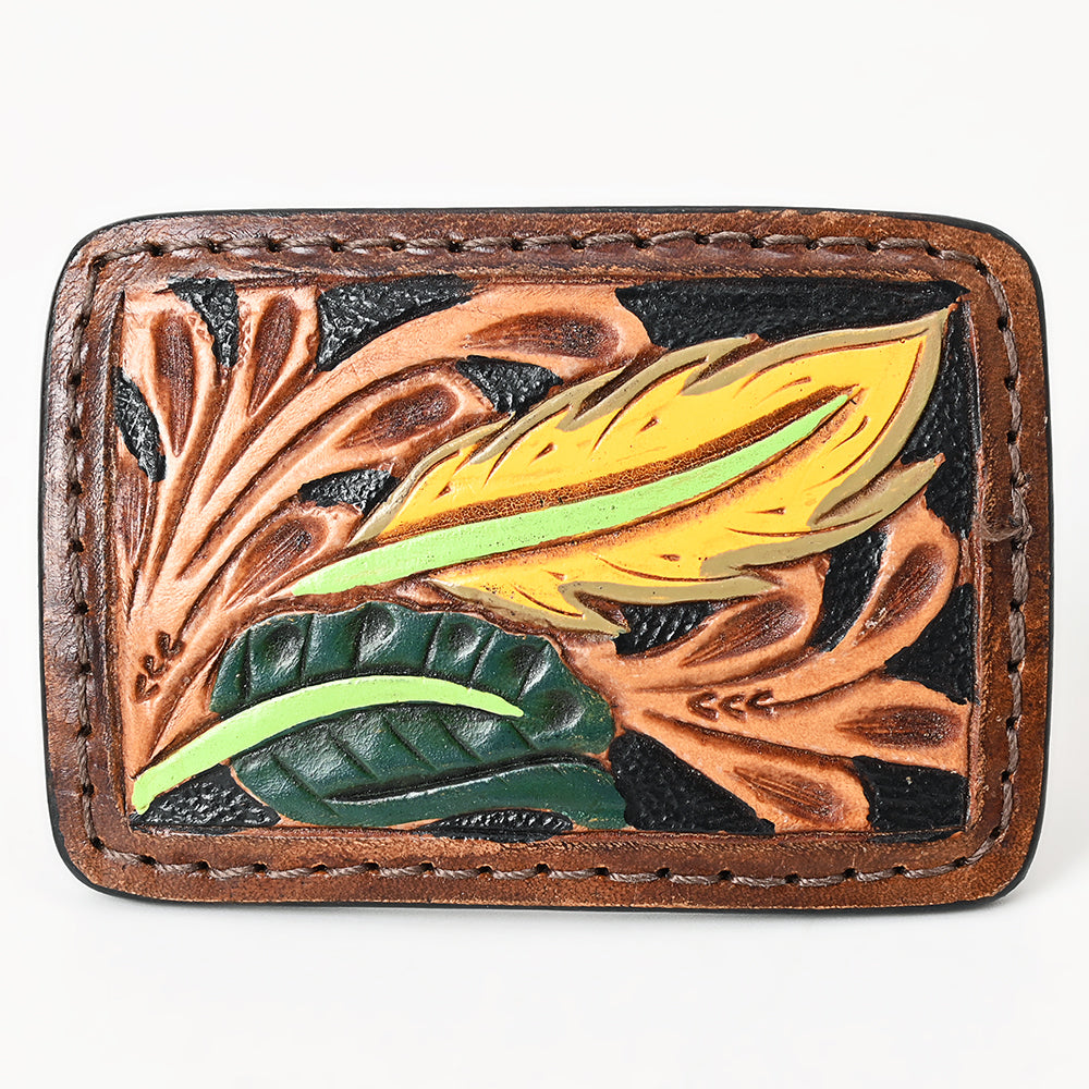 ADBLF171-BU Handtooled Leather Patch - Yellow Feather & Green Leaf Design