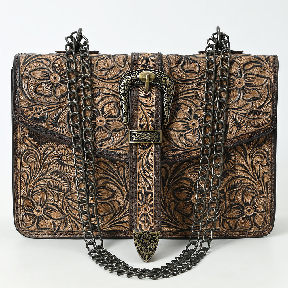 ADBG1535 American Darling Western Leather Small Crossbody Bag with Hand-Tooled Floral Design & Chain Strap