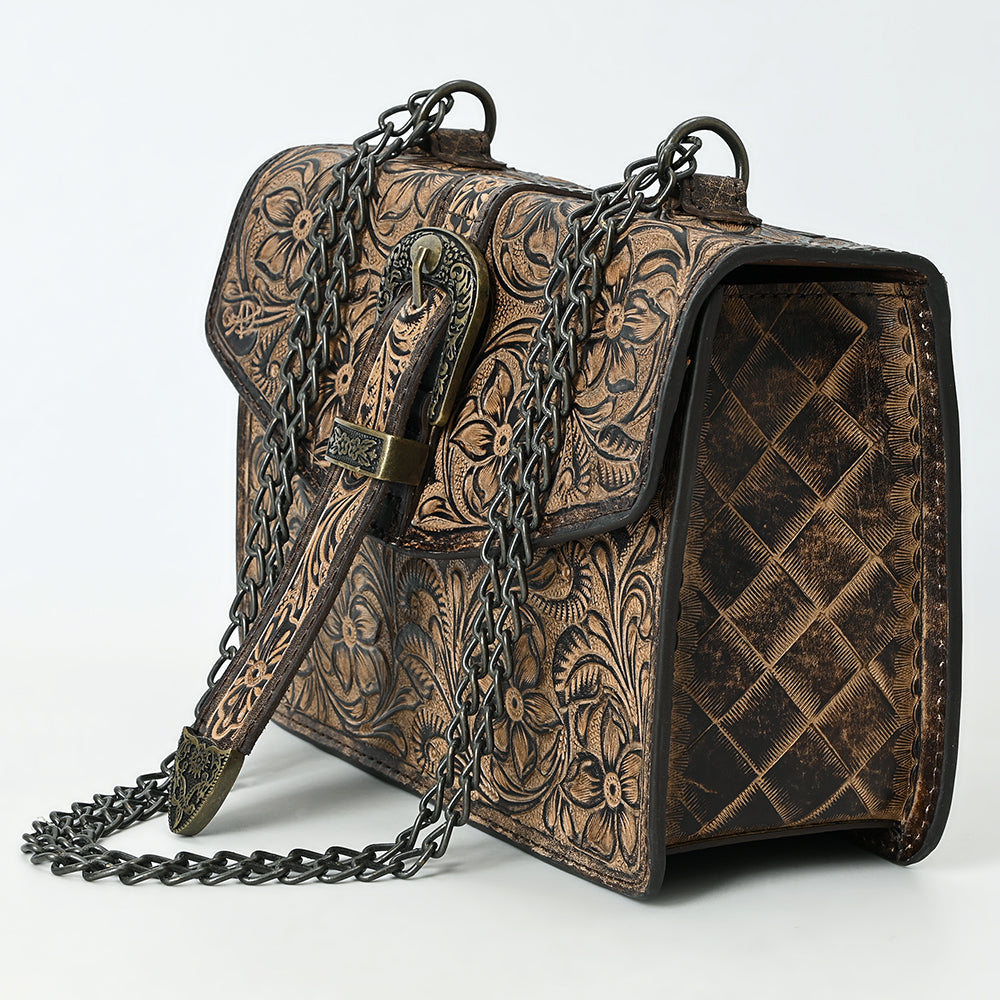 ADBG1535 American Darling Western Leather Small Crossbody Bag with Hand-Tooled Floral Design & Chain Strap
