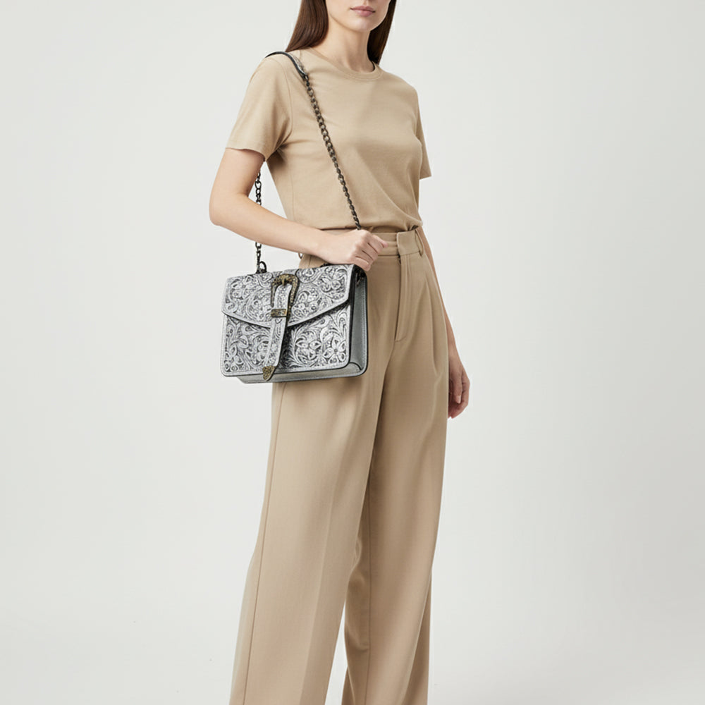 ADBG1535 American Darling Western Leather Small Crossbody Bag with Hand-Tooled Floral Design & Chain Strap