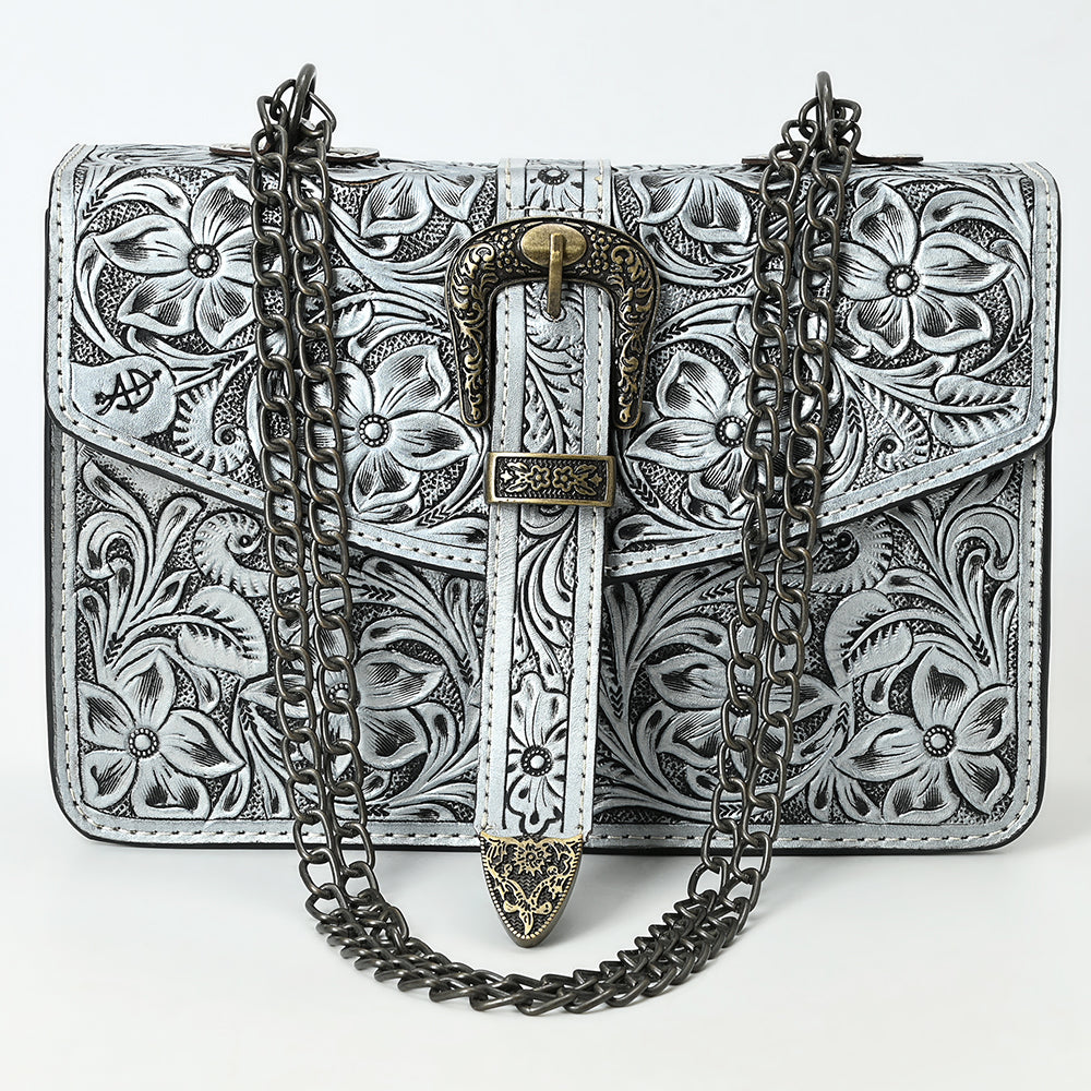 ADBG1535 American Darling Western Leather Small Crossbody Bag with Hand-Tooled Floral Design & Chain Strap