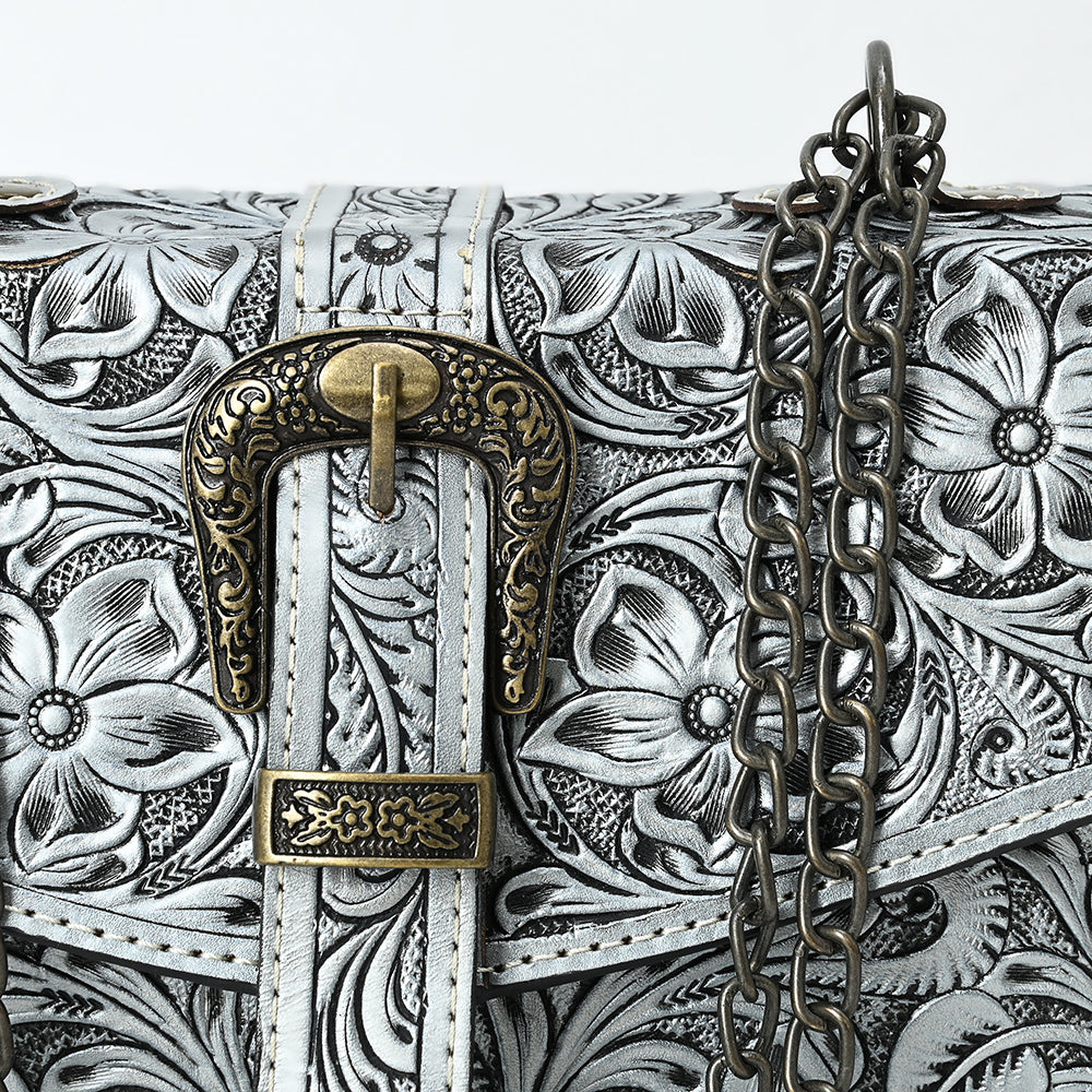 ADBG1535 American Darling Western Leather Small Crossbody Bag with Hand-Tooled Floral Design & Chain Strap