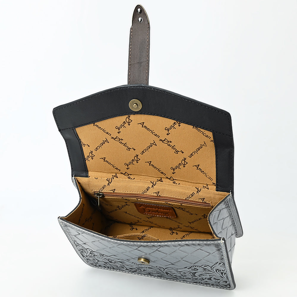 ADBG1535 American Darling Western Leather Small Crossbody Bag with Hand-Tooled Floral Design & Chain Strap