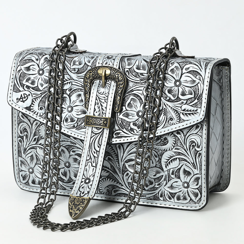 ADBG1535 American Darling Western Leather Small Crossbody Bag with Hand-Tooled Floral Design & Chain Strap