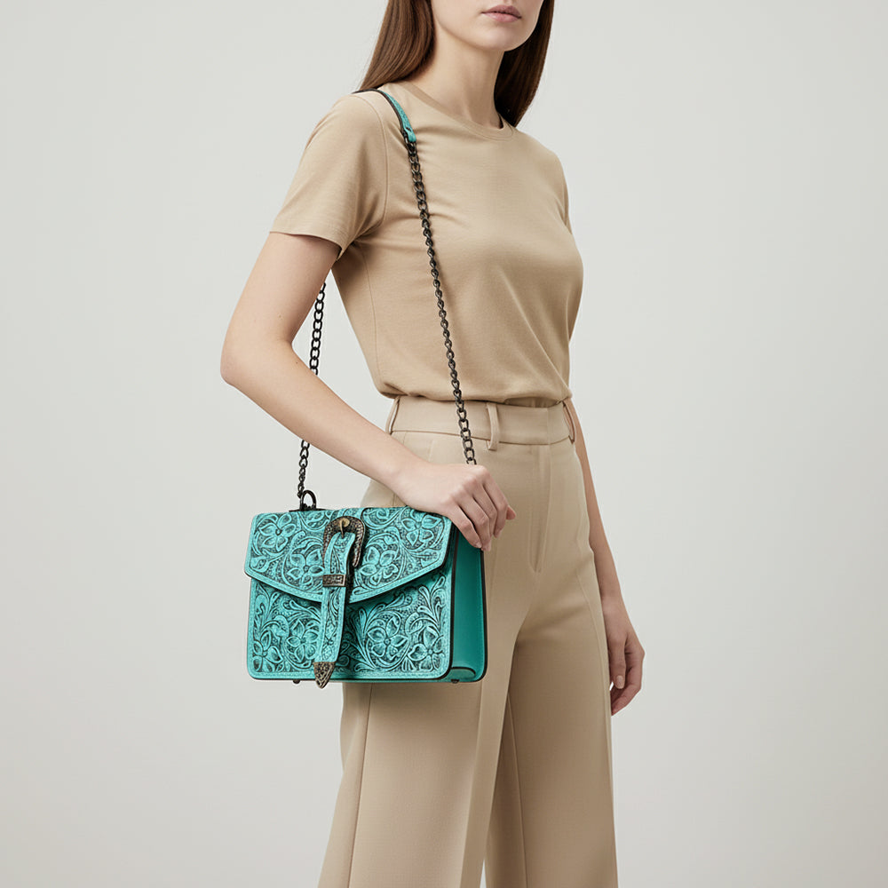 ADBG1535 American Darling Western Leather Small Crossbody Bag with Hand-Tooled Floral Design & Chain Strap