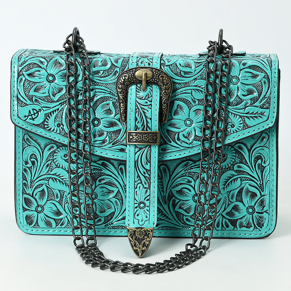 ADBG1535 American Darling Western Leather Small Crossbody Bag with Hand-Tooled Floral Design & Chain Strap