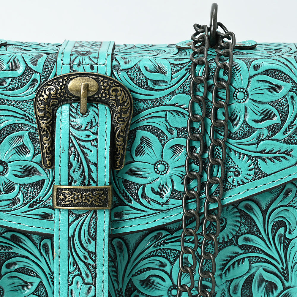 ADBG1535 American Darling Western Leather Small Crossbody Bag with Hand-Tooled Floral Design & Chain Strap