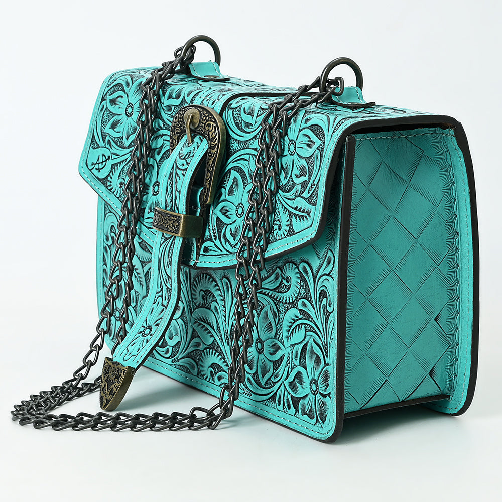 ADBG1535 American Darling Western Leather Small Crossbody Bag with Hand-Tooled Floral Design & Chain Strap