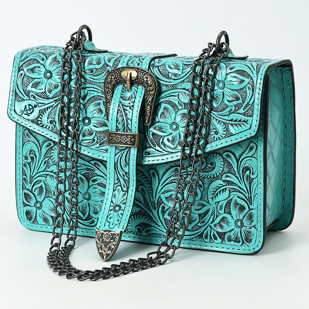 ADBG1535 American Darling Western Leather Small Crossbody Bag with Hand-Tooled Floral Design & Chain Strap