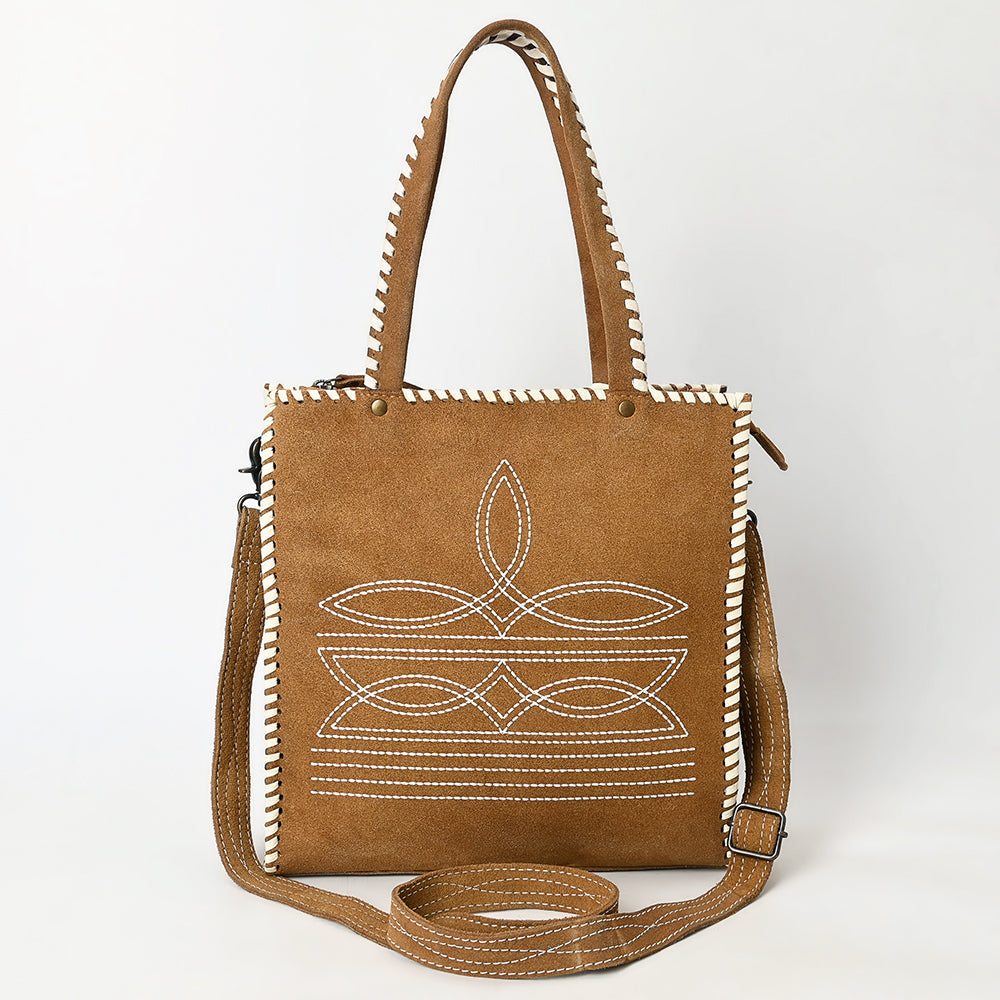 ADBG1590 Genuine suede Western Tote Bag - White Embroidered Whipstitch Purse with Crossbody Strap