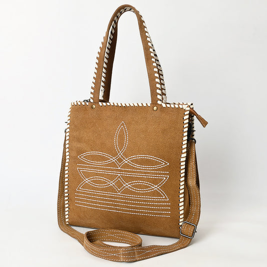ADBG1590 Genuine suede Western Tote Bag - White Embroidered Whipstitch Purse with Crossbody Strap