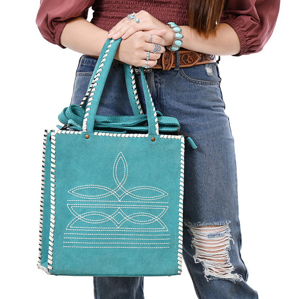 ADBG1590 Genuine suede Western Tote Bag - White Embroidered Whipstitch Purse with Crossbody Strap