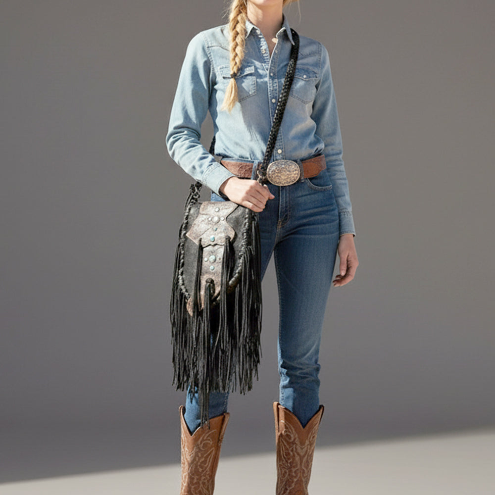 ADBGM549 Black Leather Fringe Messenger Bag - Western Braided Purse with Conchos & Distressed Flap