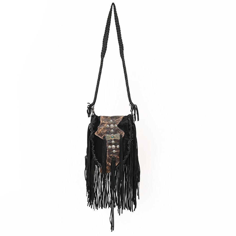 ADBGM549 Black Leather Fringe Messenger Bag - Western Braided Purse with Conchos & Distressed Flap